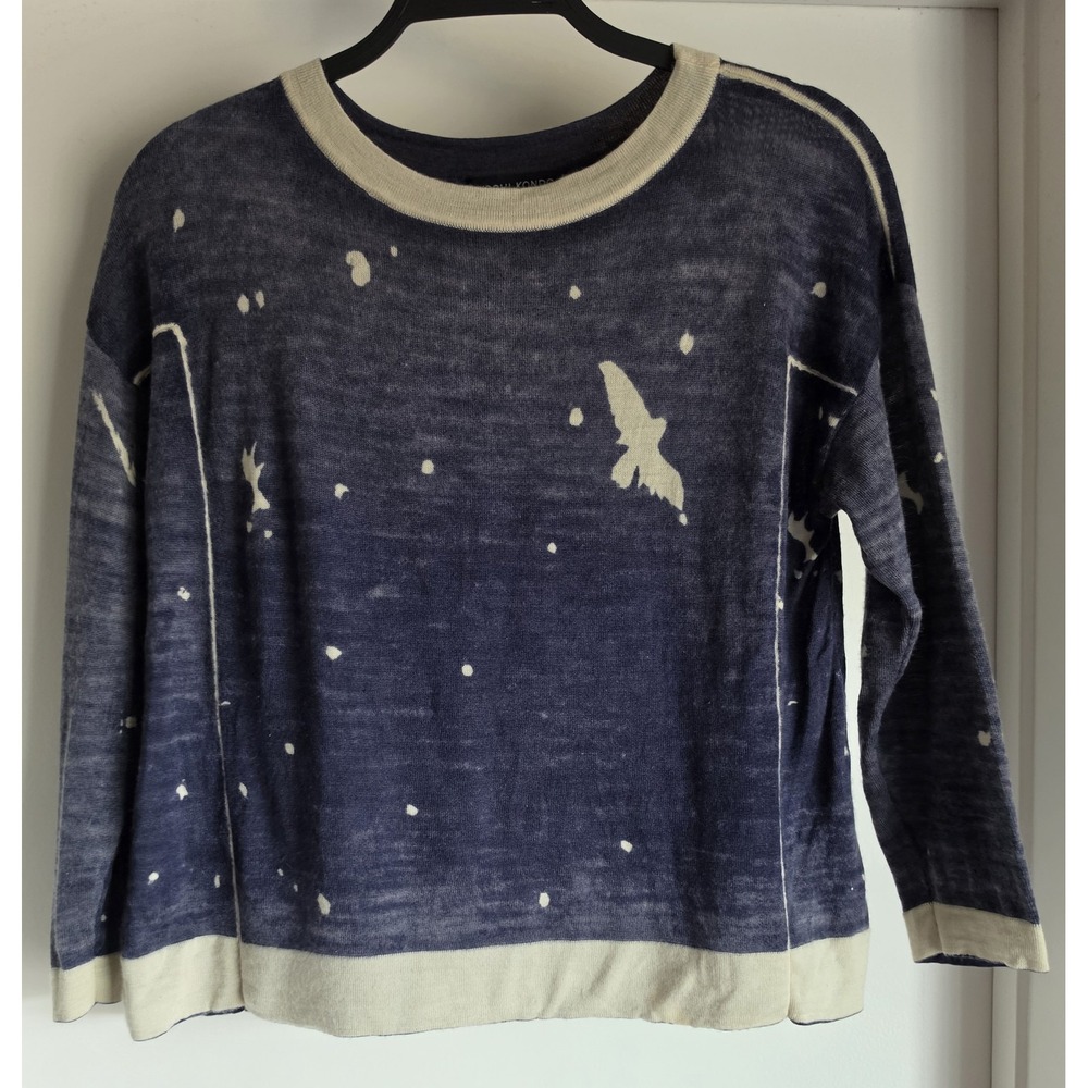 Yoshi Kondo ParisSweater S Blue Cream 100% Wool Bird Pattern Pullover